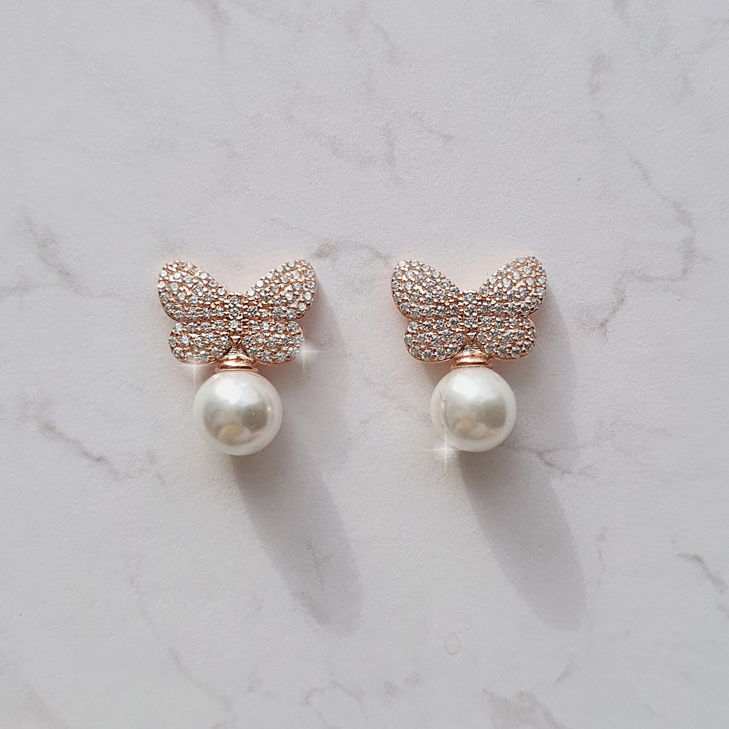 Rosegold Butterfly and Pearl Earrings